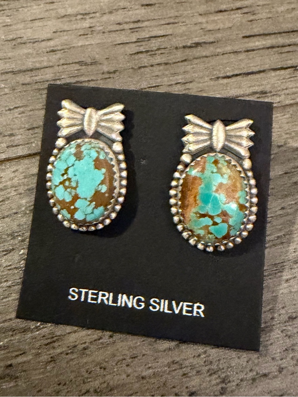 Sterling Silver Turquoise Bow Stud Earrings - Turquoise and Brown